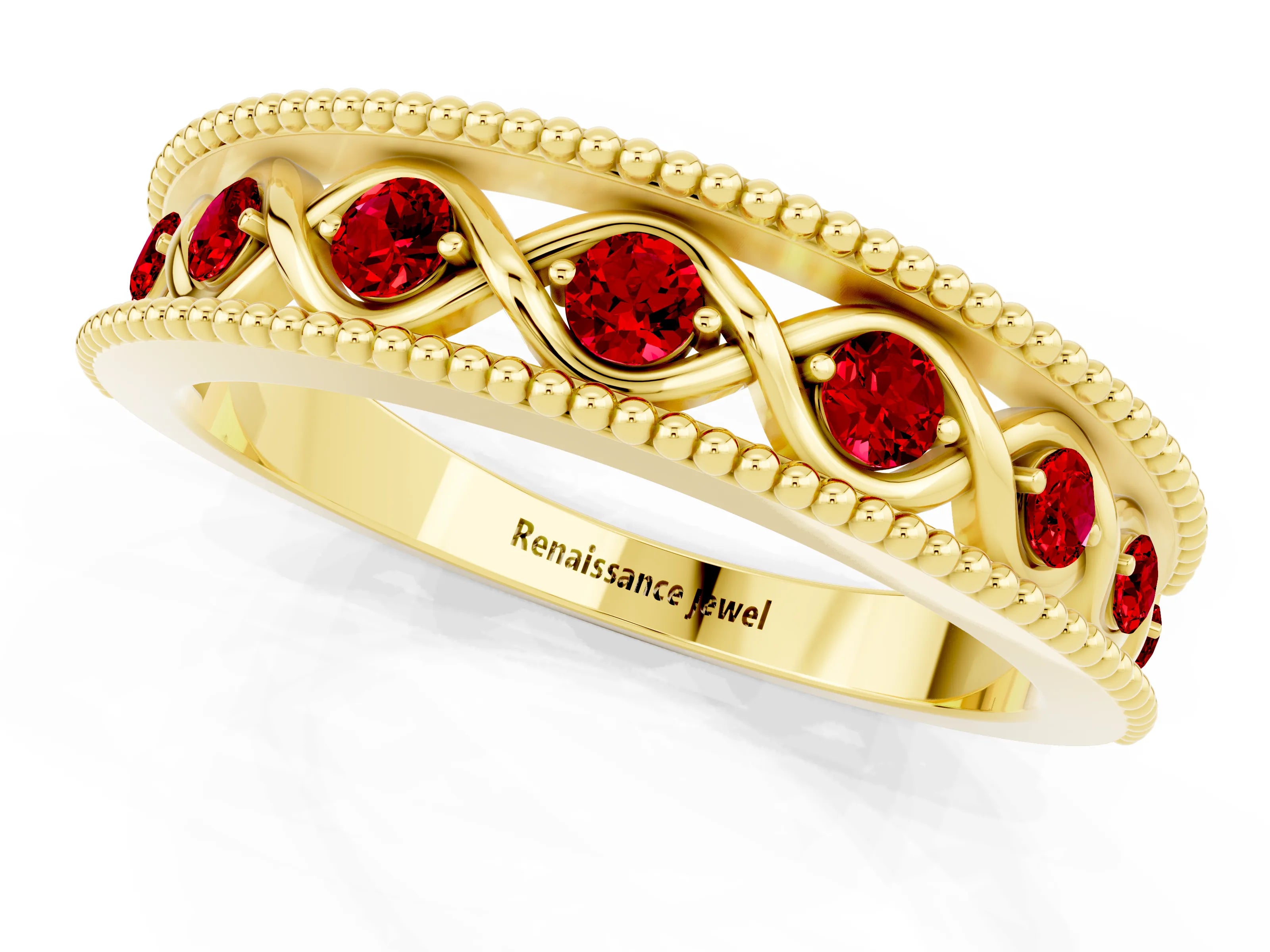 Yellow gold Round Ruby Twist Milgrain Band with Bezel Setting_13
