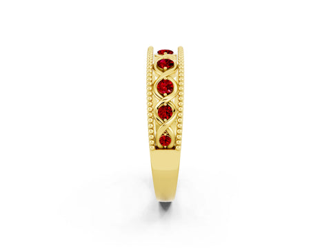 Yellow gold Round Ruby Twist Milgrain Band with Bezel Setting_14