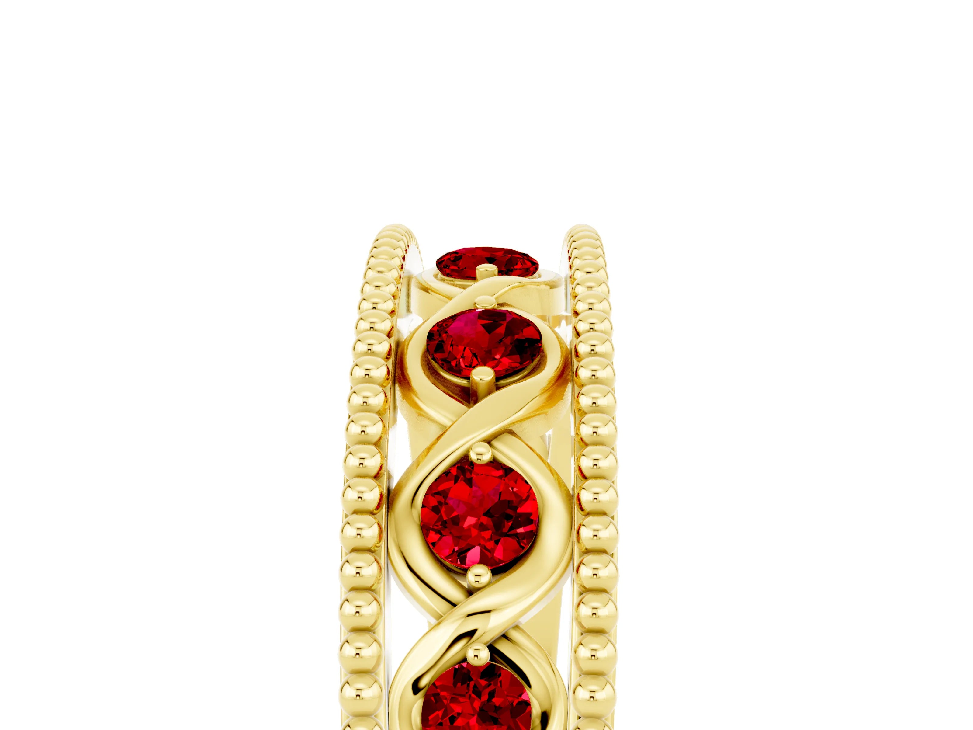 Yellow gold Round Ruby Twist Milgrain Band with Bezel Setting_17