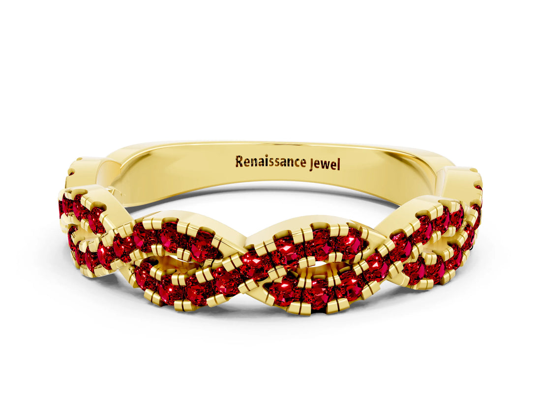 Yellow gold Round Ruby Twisted Eternity Band with Pavé and Shared Prong Setting_22