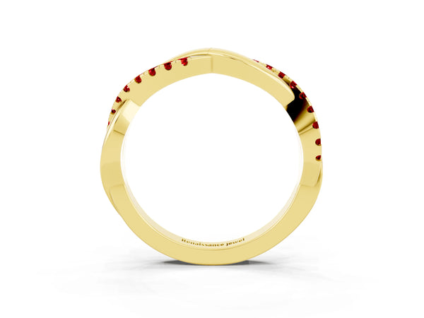 Yellow Gold Round Lab-Grown Ruby Half Eternity Infinity Twist Wedding Band