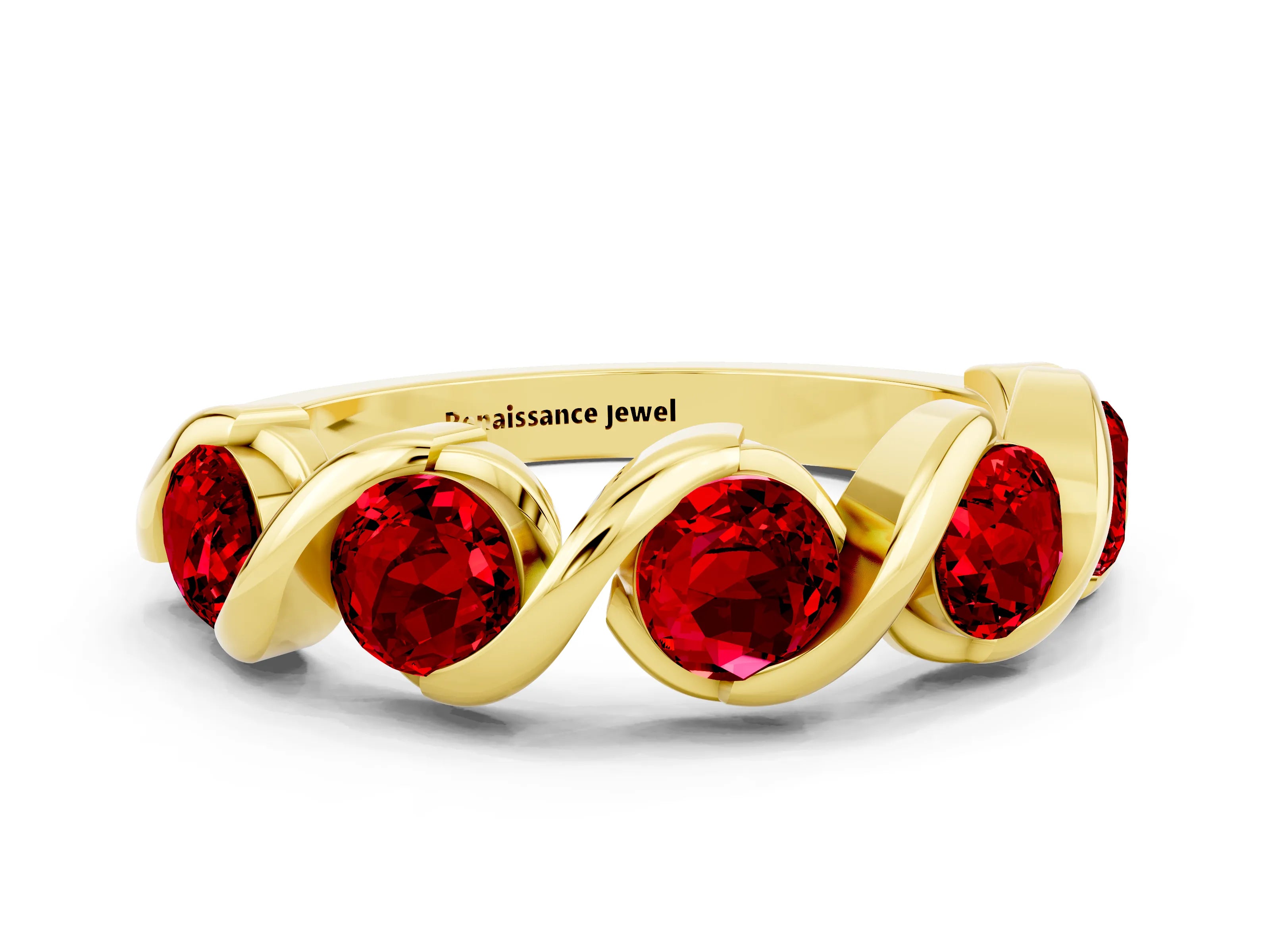 Yellow gold Round Ruby Wave Band with Channel Setting and Shared Prongs_6