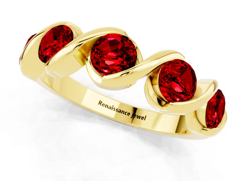 Yellow gold Round Ruby Wave Band with Channel Setting and Shared Prongs_7