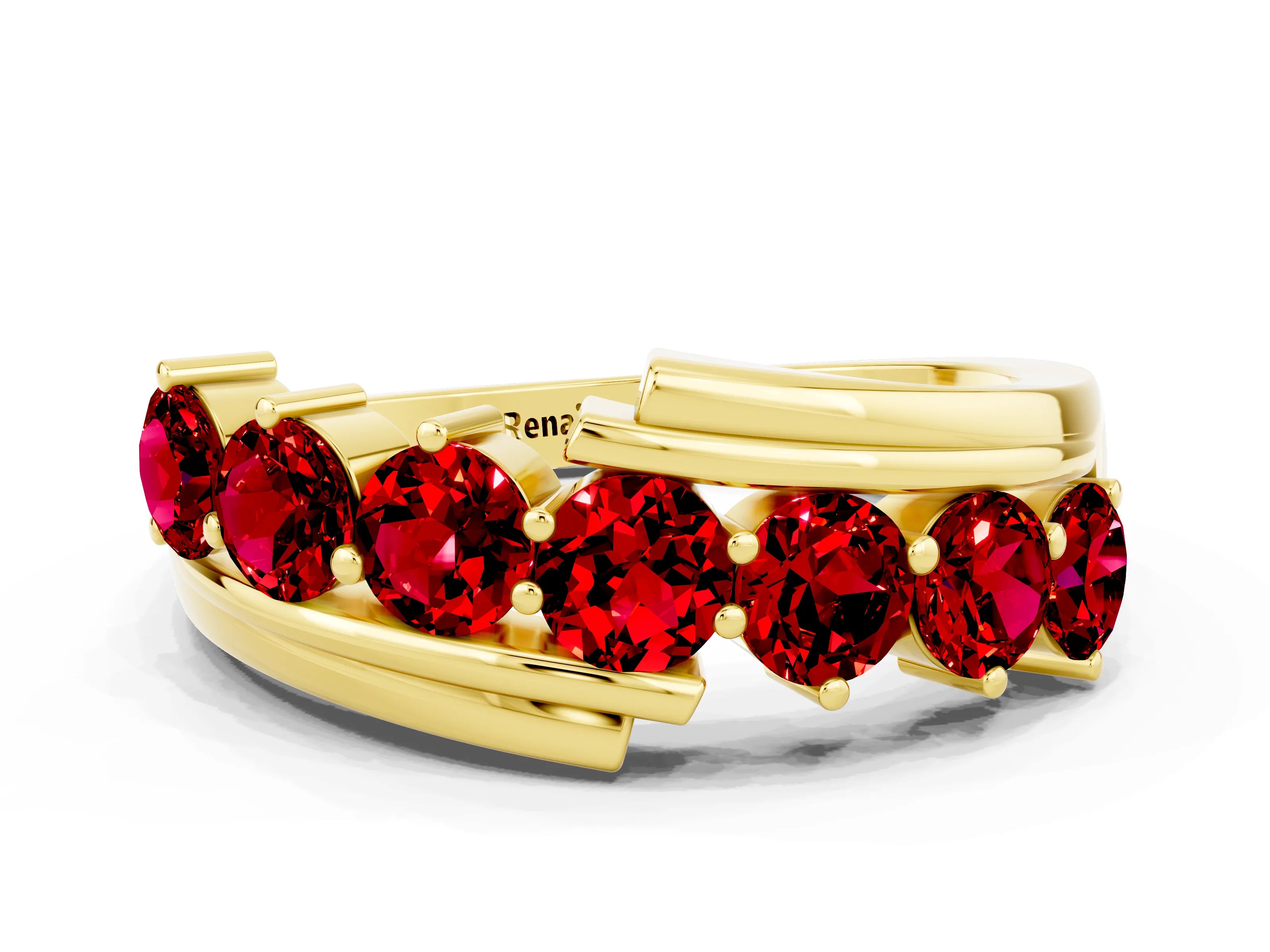Yellow gold Round Ruby Wave Band with Channel and Shared Prong Setting_18