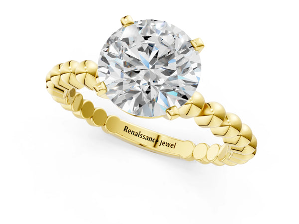 Yellow gold Round Cut Diamond Solitaire Ring with Beaded Band and Prong Setting