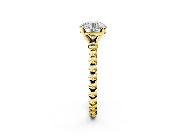 Yellow gold Round Cut Diamond Solitaire Ring with Beaded Band and Prong Setting
