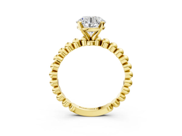 Yellow gold Round Cut Diamond Solitaire Ring with Beaded Band and Prong Setting