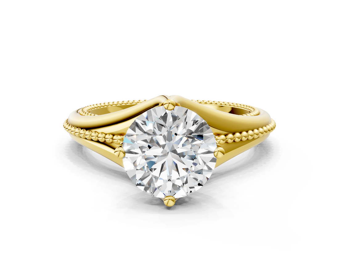 Yellow gold Round Solitaire Beaded Band Six-Prong Setting_8