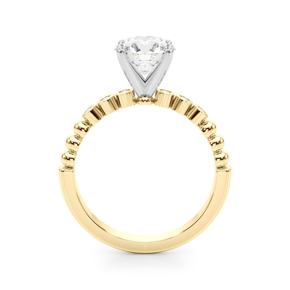 Yellow gold Round Solitaire Bezel Accent Diamond Engagement Ring with Beaded Band and Four-Prong Setting 2