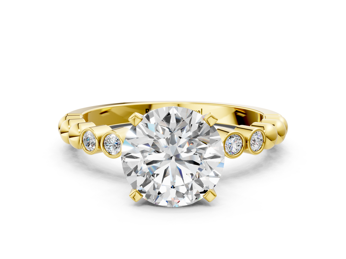 Yellow gold Round Solitaire Bezel Accent Diamond Engagement Ring with Beaded Band and Four-Prong Setting_54