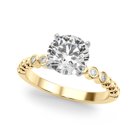 Yellow gold Round Solitaire Bezel Accent Diamond Engagement Ring with Beaded Band and Four-Prong Setting