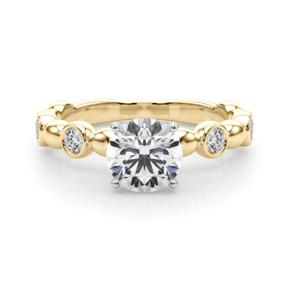 Yellow gold Round Solitaire Bezel-Set Diamond Ring with Beaded Band and Four-Prong Setting 1