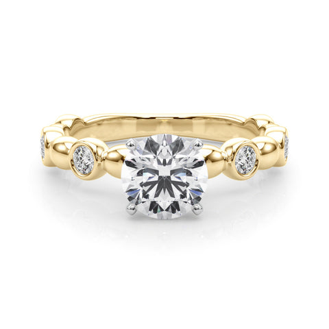 Yellow gold Round Solitaire Bezel-Set Diamond Ring with Beaded Band and Four-Prong Setting 1