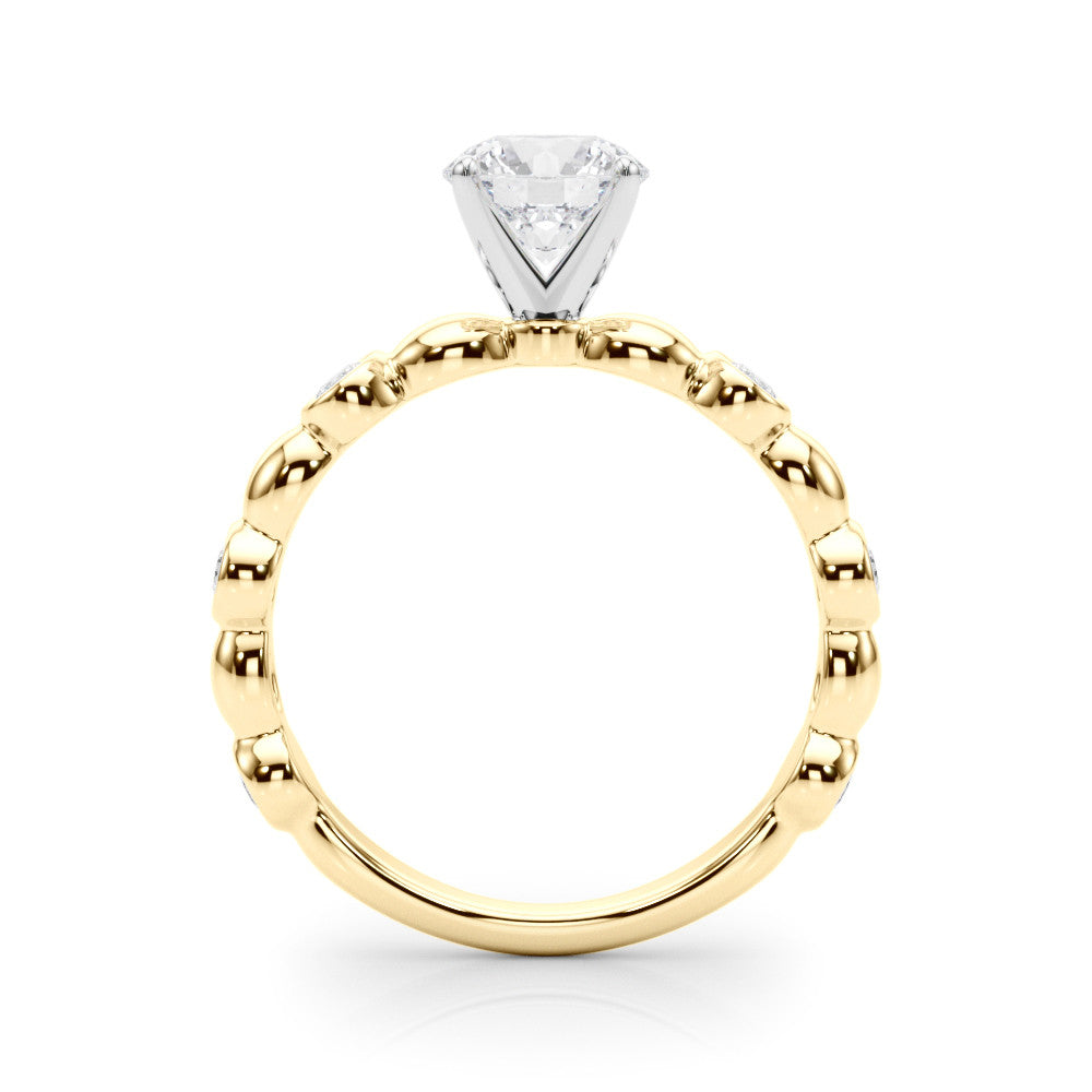 Yellow gold Round Solitaire Bezel-Set Diamond Ring with Beaded Band and Four-Prong Setting 2