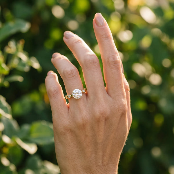 Yellow gold Round Solitaire Bezel-Set Diamond Ring with Beaded Band and Four-Prong Setting