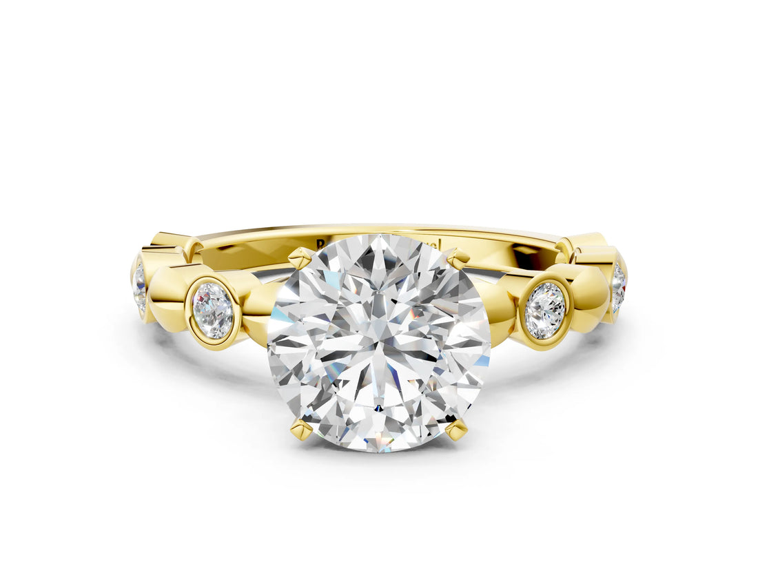 Yellow gold Round Solitaire Bezel-Set Diamond Ring with Beaded Band and Four-Prong Setting_52