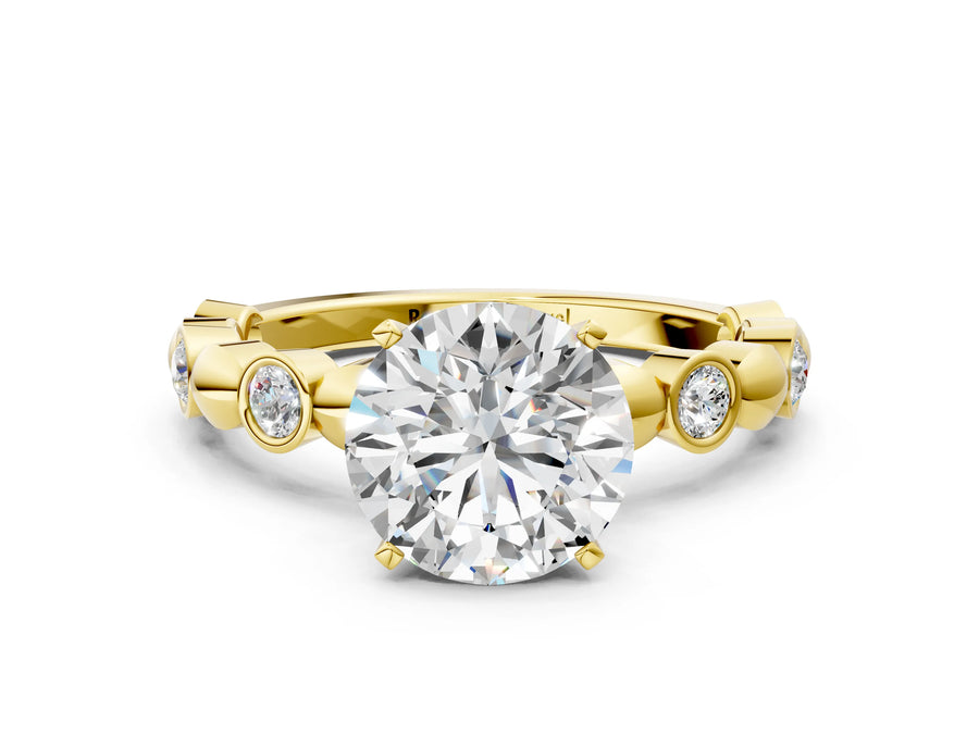 Yellow gold Round Solitaire Bezel-Set Diamond Ring with Beaded Band and Four-Prong Setting
