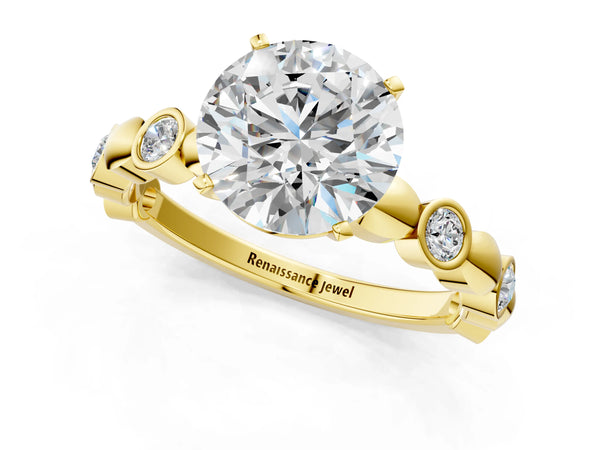 Yellow gold Round Solitaire Bezel-Set Diamond Ring with Beaded Band and Four-Prong Setting