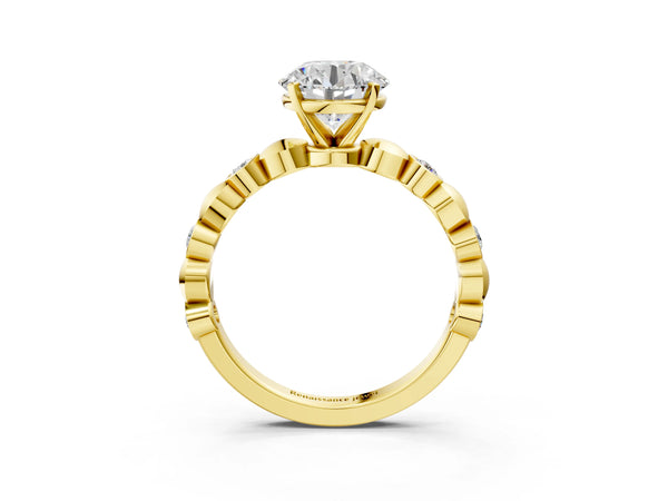 Yellow gold Round Solitaire Bezel-Set Diamond Ring with Beaded Band and Four-Prong Setting