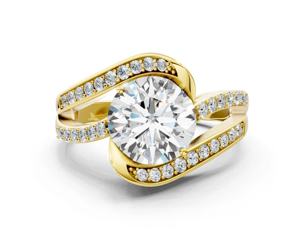 Yellow gold Round Solitaire Bypass Diamond Engagement Ring with Channel-Set Band and Four-Prong Setting