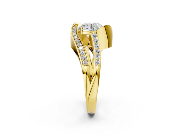 Yellow gold Round Solitaire Bypass Diamond Engagement Ring with Channel-Set Band and Four-Prong Setting