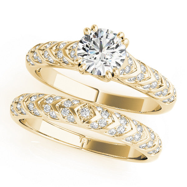 Yellow gold Round Solitaire Chevron Pave Diamond Engagement Ring with Six-Prong Setting 1