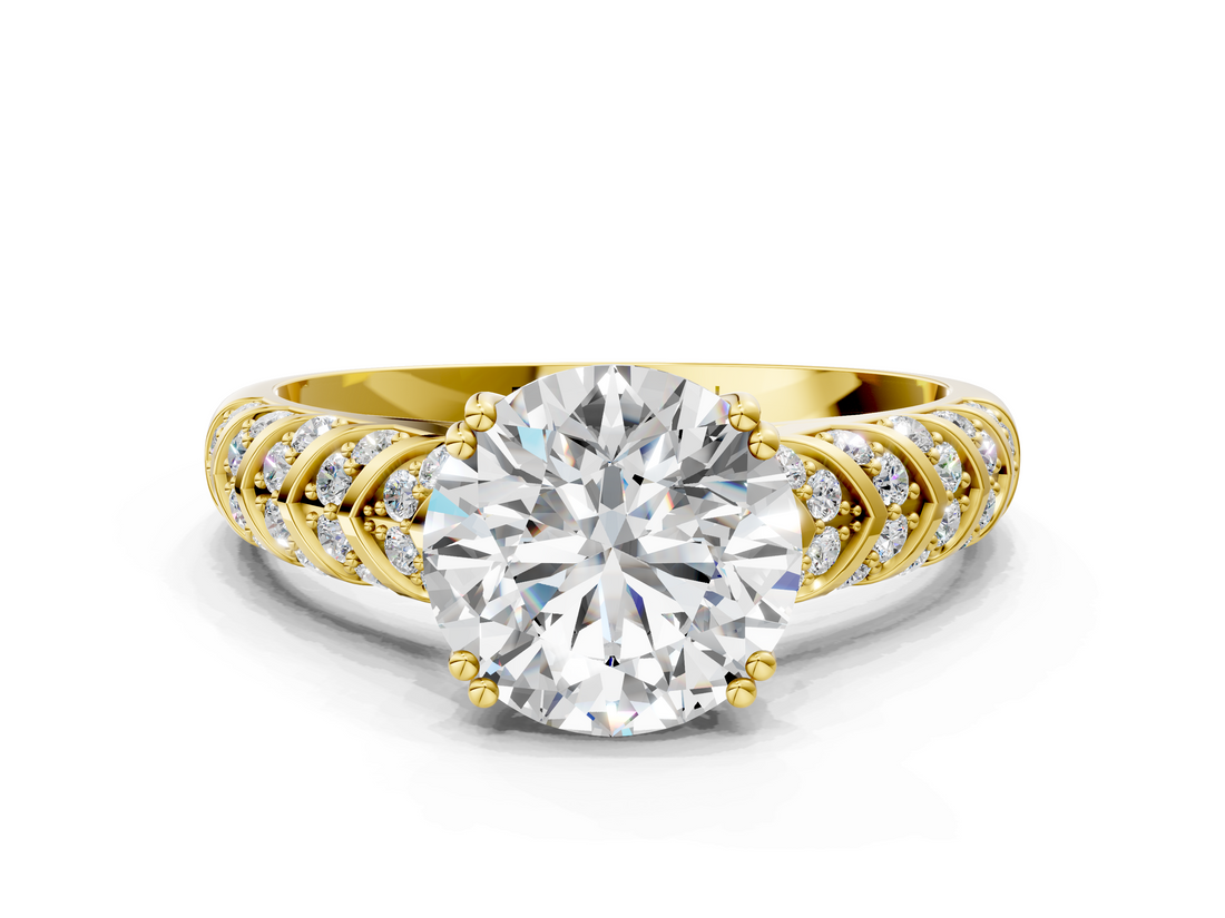Yellow gold Round Solitaire Chevron Pave Diamond Engagement Ring with Six-Prong Setting_24