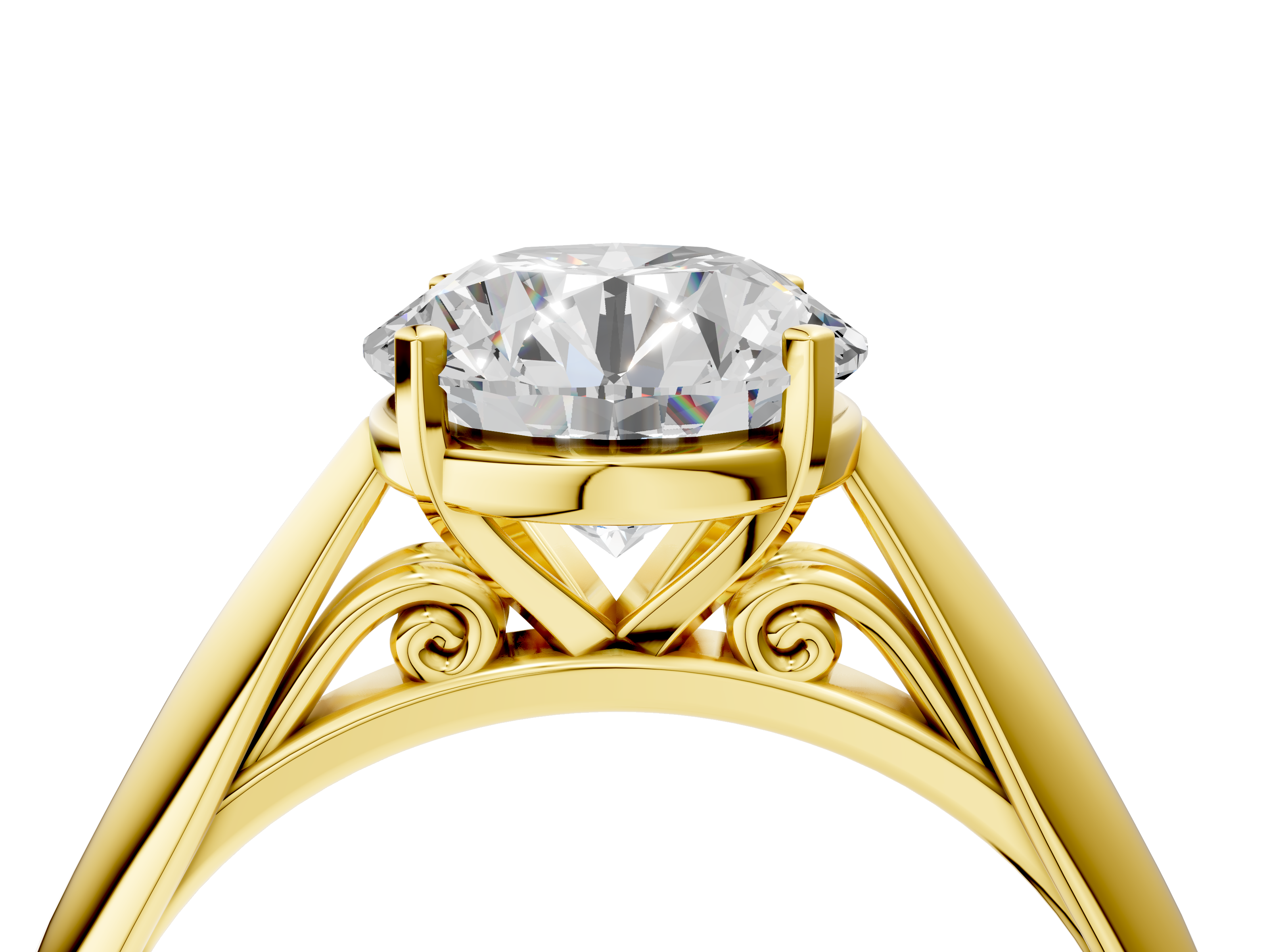 Yellow gold Round Solitaire Diamond Engagement Ring with Cathedral Setting and Four-Prong Mount on a Classic Band_213