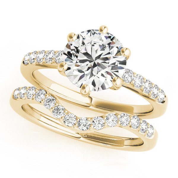 Yellow gold Round Solitaire Diamond Engagement Ring with Pavé Band and Six-Prong Setting