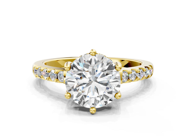 Yellow gold Round Solitaire Diamond Engagement Ring with Pavé Band and Six-Prong Setting