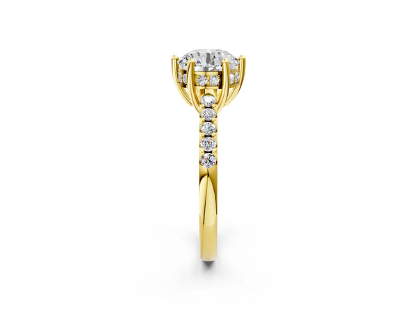 Yellow gold Round Solitaire Diamond Engagement Ring with Pavé Band and Six-Prong Setting