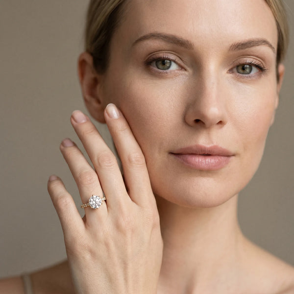 Yellow gold Round Solitaire Diamond Engagement Ring with Pavé Band and Six-Prong Setting