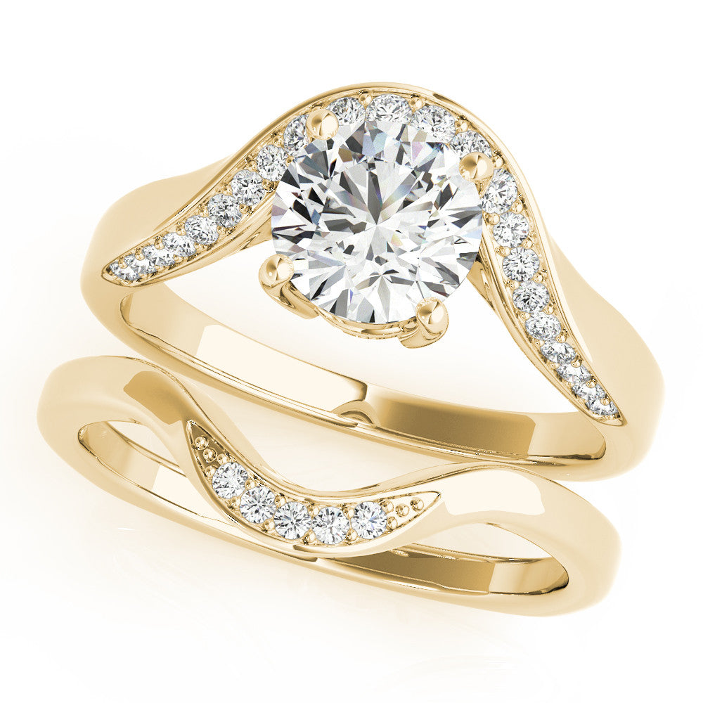Yellow gold Round Solitaire Diamond Engagement Ring with Pave Band and Four-Prong Setting 1