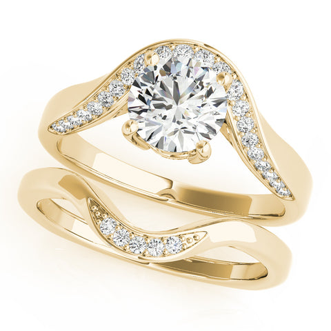 Yellow gold Round Solitaire Diamond Engagement Ring with Pave Band and Four-Prong Setting 1