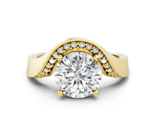 Yellow gold Round Solitaire Diamond Engagement Ring with Pave Band and Four-Prong Setting
