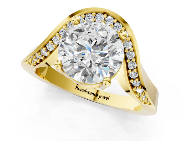 Yellow gold Round Solitaire Diamond Engagement Ring with Pave Band and Four-Prong Setting