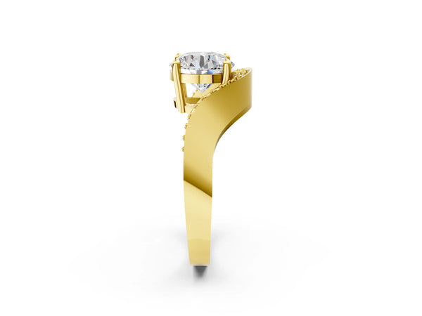 Yellow gold Round Solitaire Diamond Engagement Ring with Pave Band and Four-Prong Setting