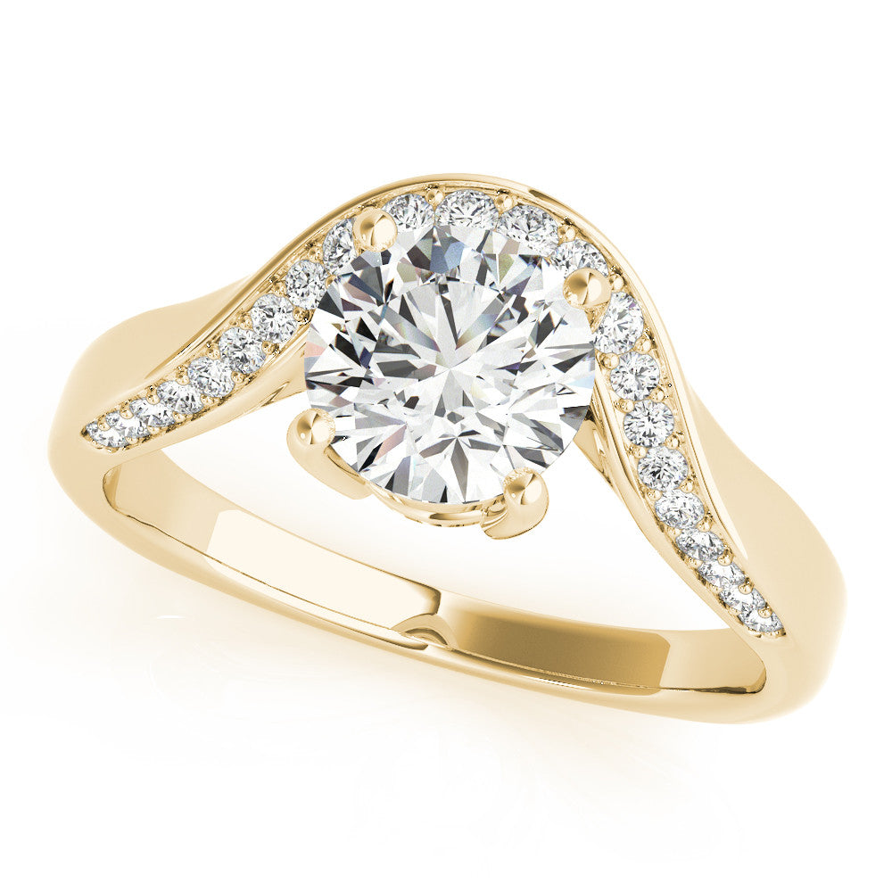 Yellow gold Round Solitaire Diamond Engagement Ring with Pave Band and Four-Prong Setting