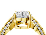 Yellow gold Round Solitaire Diamond Engagement Ring with Pave Band and Four-Prong Setting