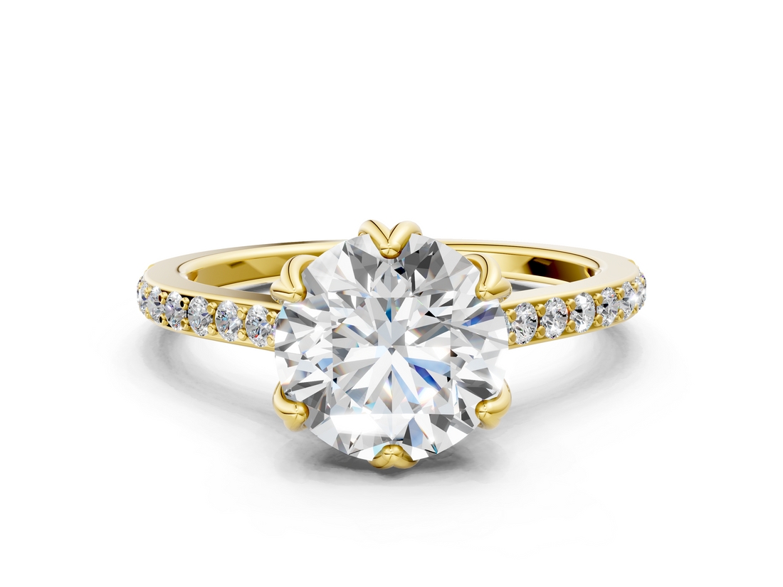 Yellow gold Round Solitaire Diamond Engagement Ring with Pave Band and Six-Prong Setting_48