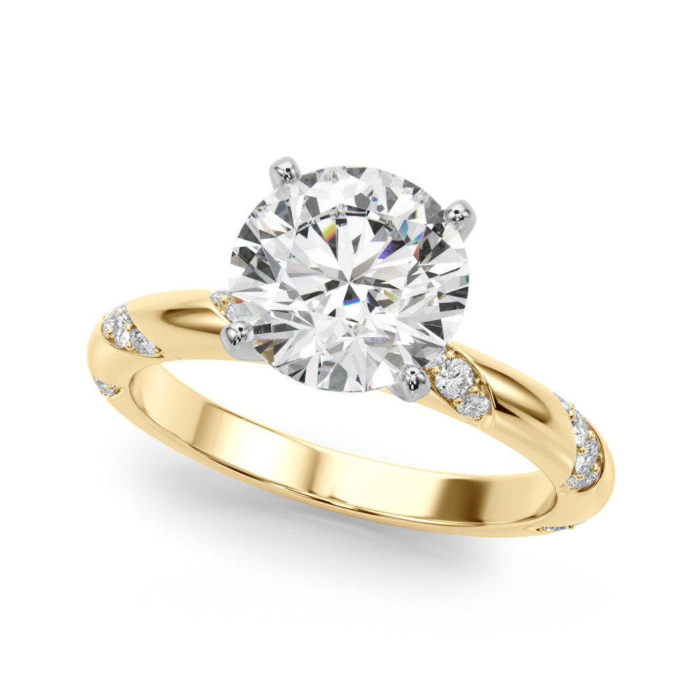 Yellow gold Round Solitaire Diamond Engagement Ring with Twisted Pave Band and Four-Prong Setting