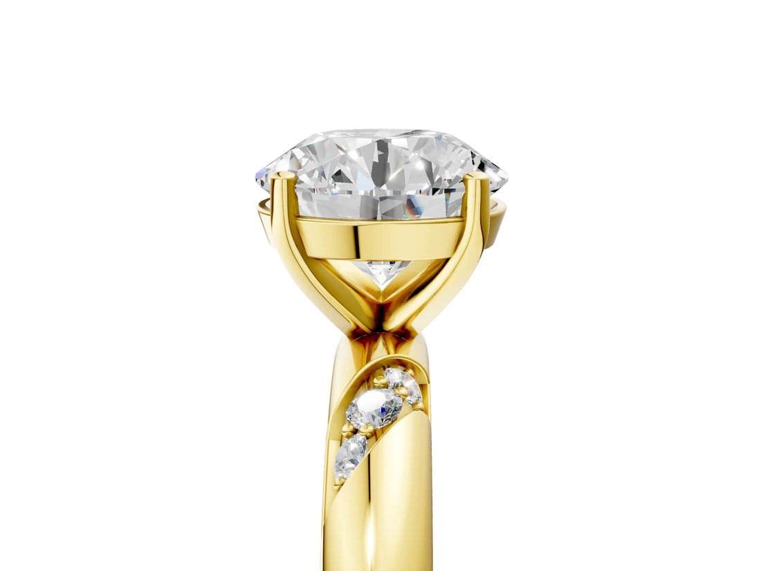 Yellow gold Round Solitaire Diamond Engagement Ring with Twisted Pave Band and Four-Prong Setting_12