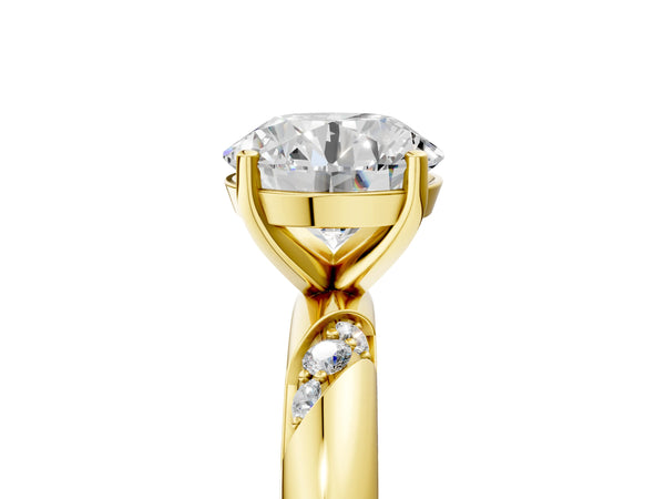 Yellow gold Round Solitaire Diamond Engagement Ring with Twisted Pave Band and Four-Prong Setting