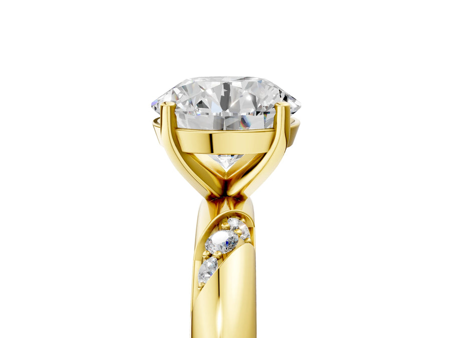 Yellow gold Round Solitaire Diamond Engagement Ring with Twisted Pave Band and Four-Prong Setting