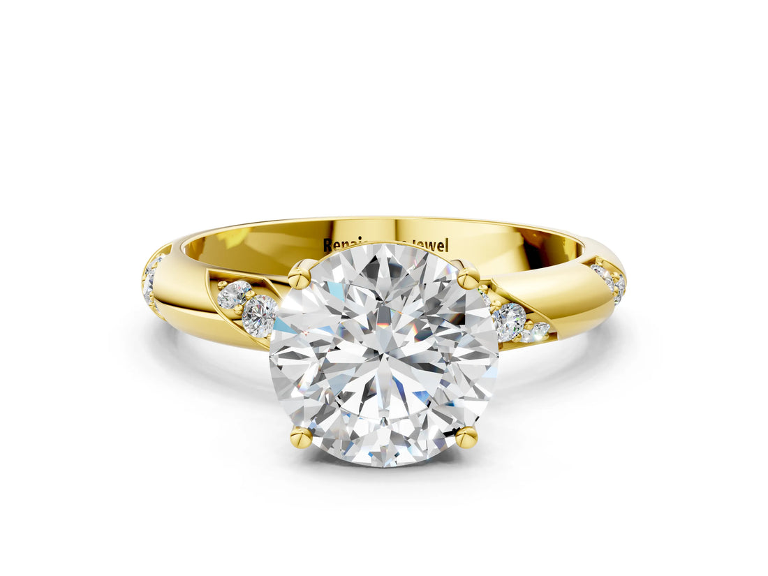 Yellow gold Round Solitaire Diamond Engagement Ring with Twisted Pave Band and Four-Prong Setting_7