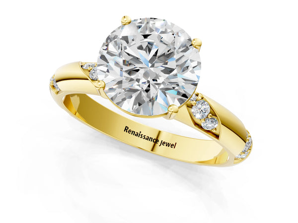 Yellow gold Round Solitaire Diamond Engagement Ring with Twisted Pave Band and Four-Prong Setting