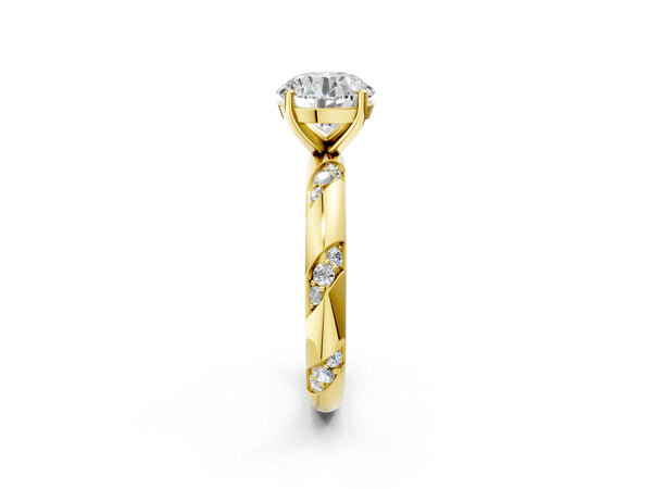 Yellow gold Round Solitaire Diamond Engagement Ring with Twisted Pave Band and Four-Prong Setting