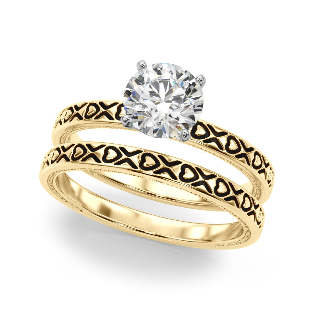 Yellow gold Round Solitaire Diamond Engagement Ring with XO Engraved Band and Four-Prong Setting 1