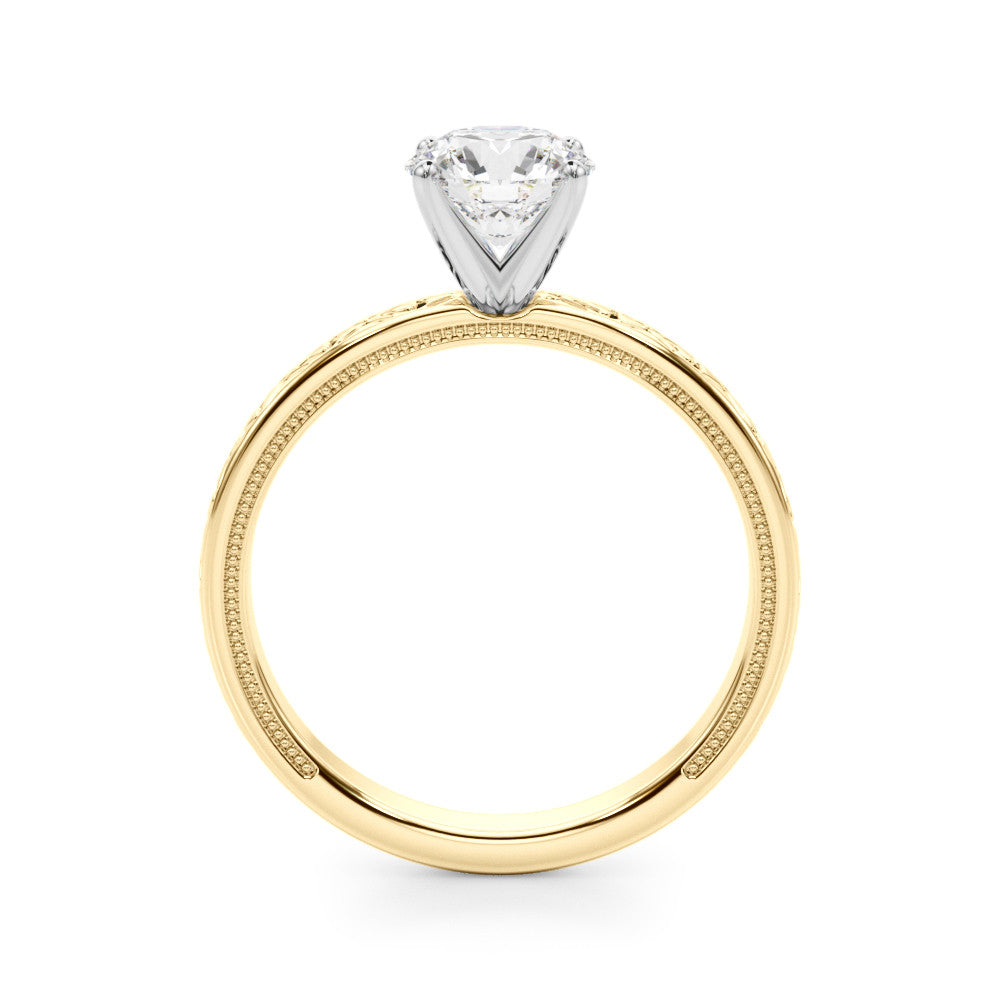 Yellow gold Round Solitaire Diamond Engagement Ring with XO Engraved Band and Four-Prong Setting 2