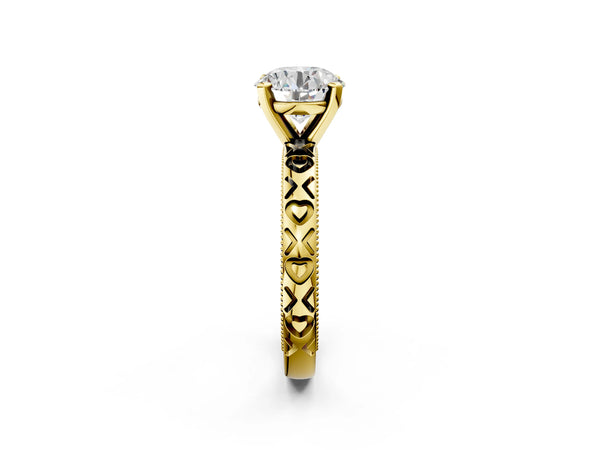Yellow Gold Round Solitaire Engagement Ring Setting with XO Engraved Band and Milgrain Edges